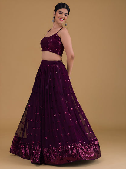WOMEN WINE SEQUIN SLEEVELESS READYMADE LEHENGA