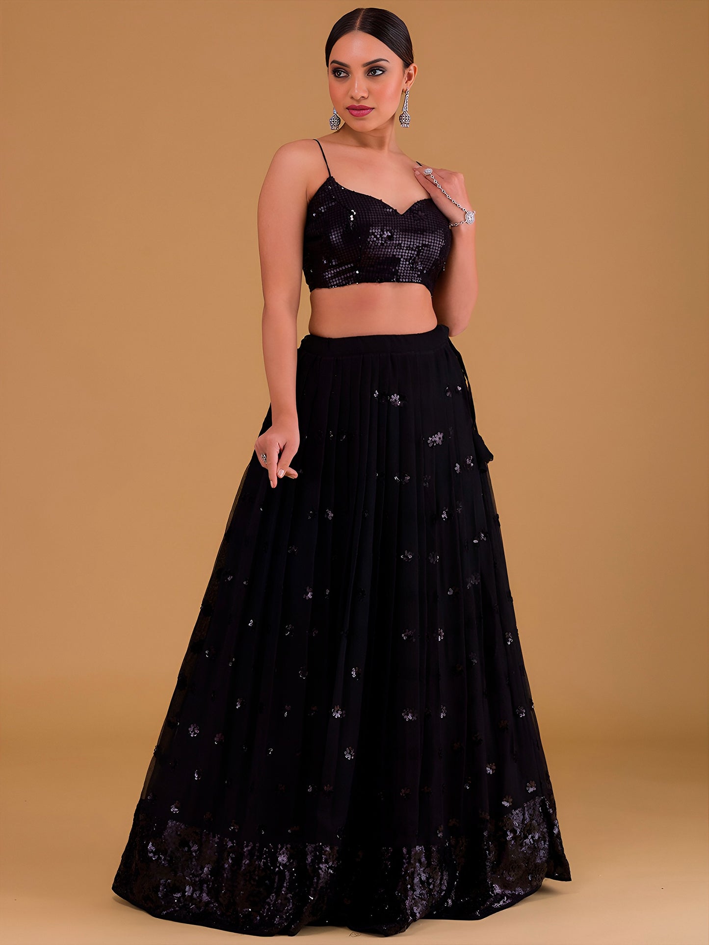 NET FABRIC HEAVY SEQUINNED WORK LEHENGA  CHOLI AND DUPATTA BLACK COLOUR