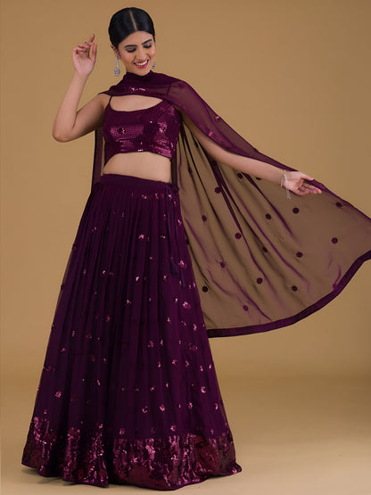 WOMEN WINE SEQUIN SLEEVELESS READYMADE LEHENGA