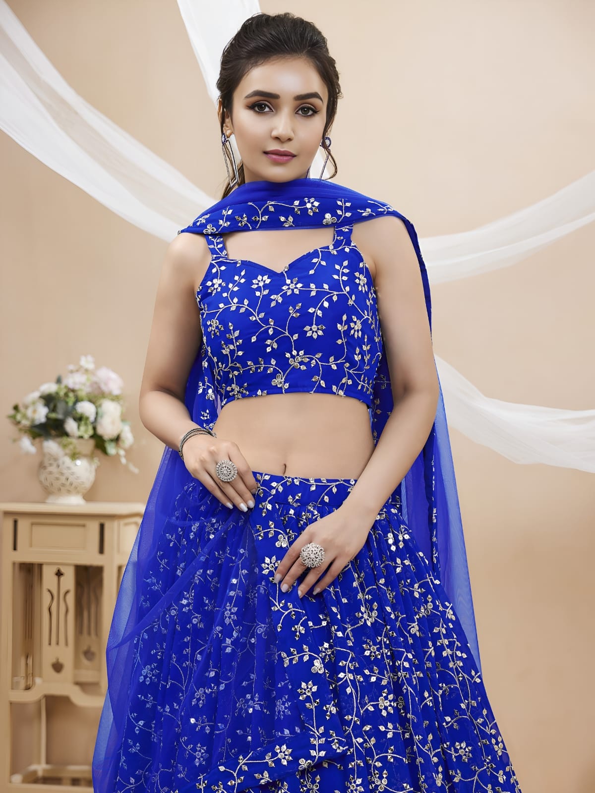 WOMEN WEDDING LEHENGA NET FABRIC LEHENGA SET OF CHOLI AND DUPATTAFULLY EMBROIDERED WORKWESTERN WEAR BLUE COLOUR