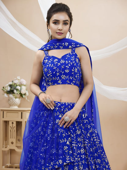 WOMEN WEDDING LEHENGA NET FABRIC LEHENGA SET OF CHOLI AND DUPATTAFULLY EMBROIDERED WORKWESTERN WEAR BLUE COLOUR