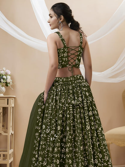 WOMEN LEHENGA NET FABRIC LEHENGA SET OF CHOLI AND DUPATTA FULLY EMBROIDERED WORK WESTERN WEAR GREEN COLOUR