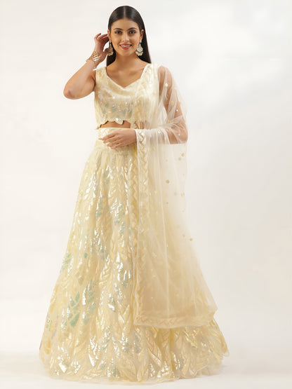 NET FABRIC HEAVY SEQUINNED WORK LEHENGA  CHOLI AND DUPATTA GOLDEN COLOUR