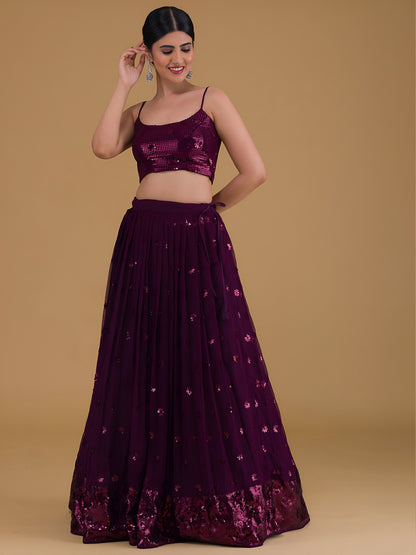 WOMEN WINE SEQUIN SLEEVELESS READYMADE LEHENGA