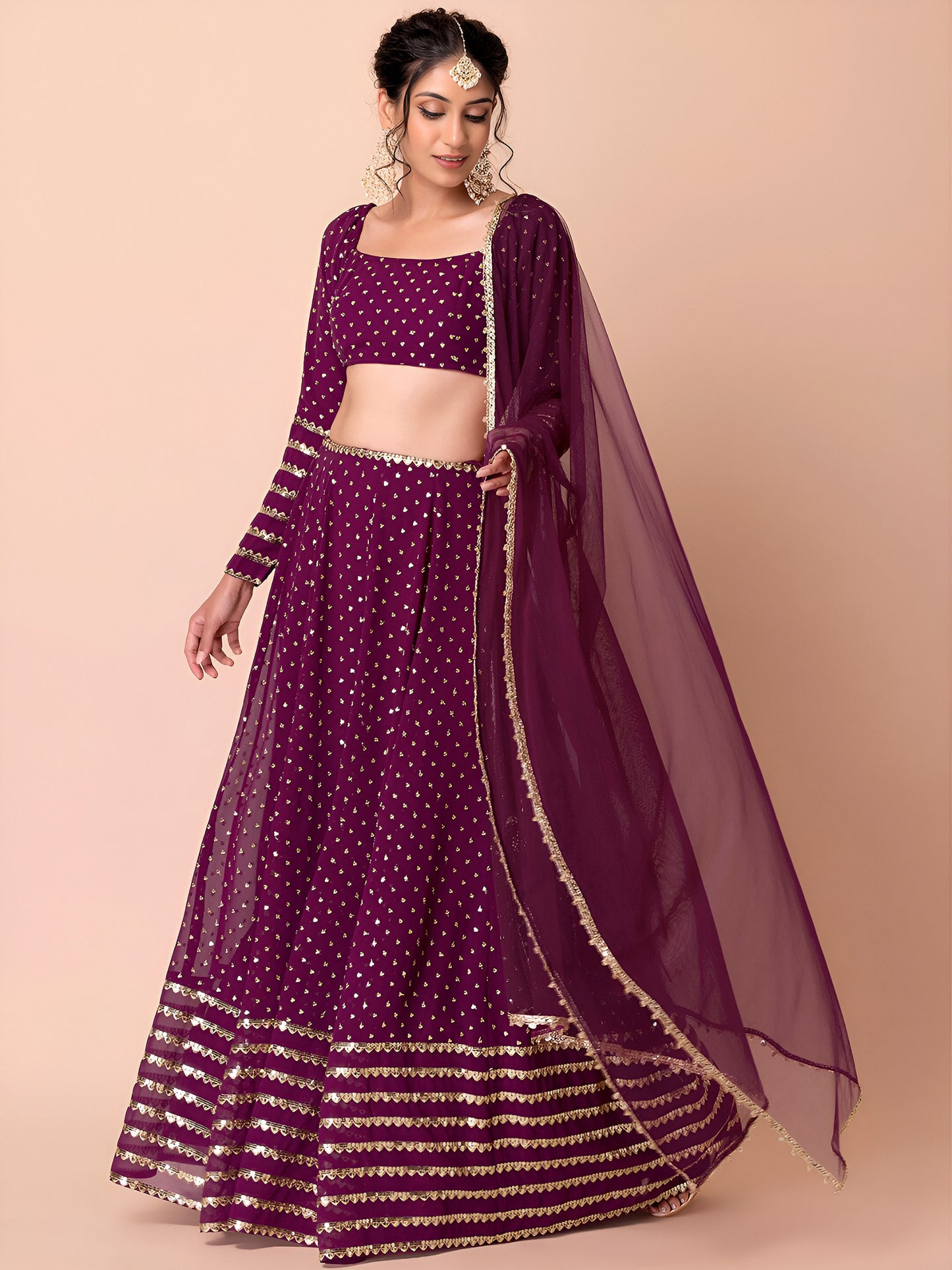 WOMEN WINE SEQUIN FULL SLEEVE READYMADE LEHENGA