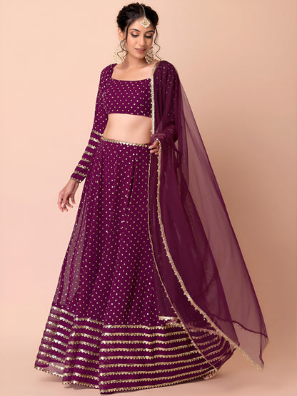 WOMEN WINE SEQUIN FULL SLEEVE READYMADE LEHENGA