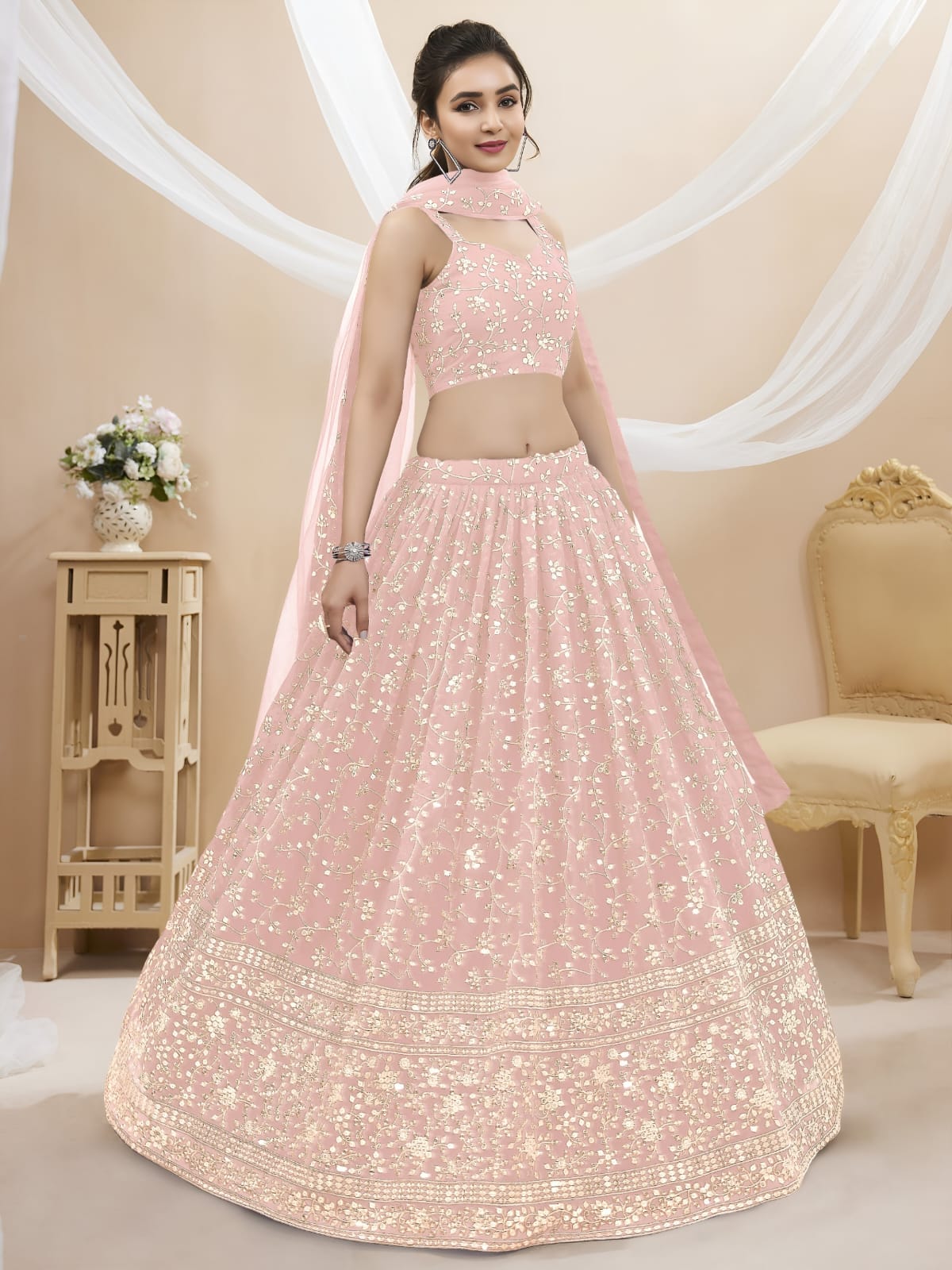 WOMEN WEDDING LEHENGA NET FABRIC LEHENGA SET OF CHOLI AND DUPATTA WEAR PINK COLOUR