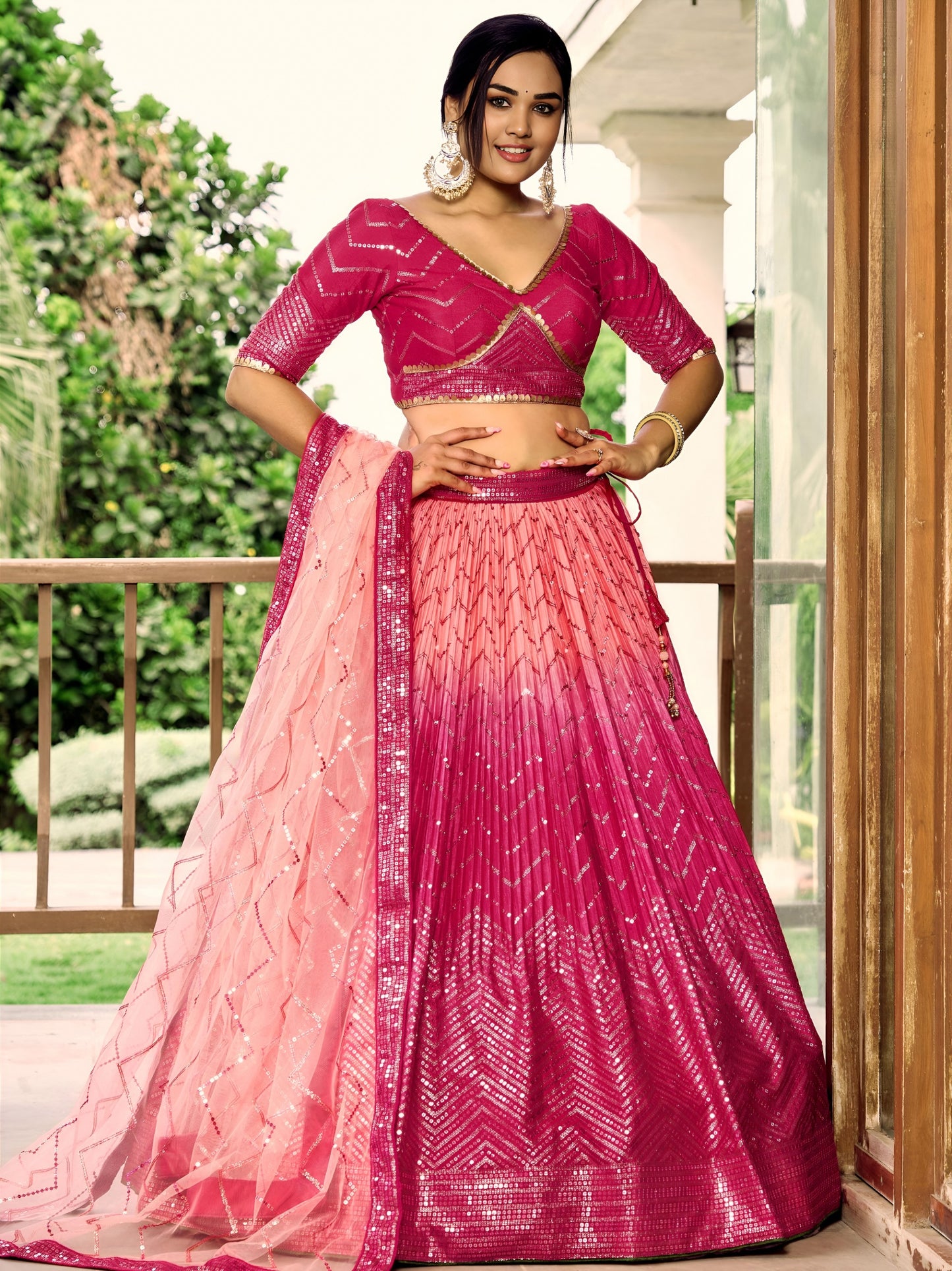 PINK COLOUR CHOLI AND DUPATTA FLARED AND SEQUINNED WORK V-NECK SHORT SLEEVE