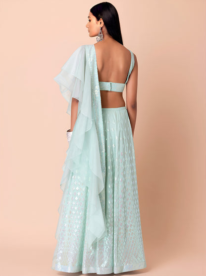 WOMEN BLUE SEQUIN SLEEVELESS READYMADE LEHENGA