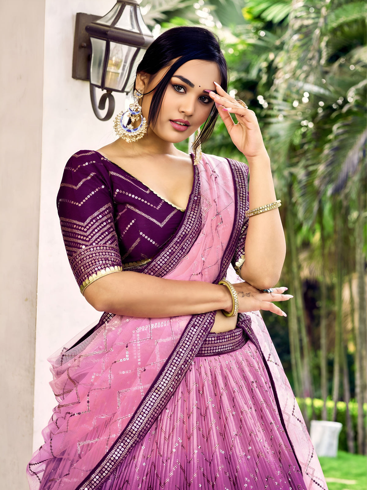 PURPLE COLOUR CHOLI AND DUPATTA FLARED AND SEQUINNED WORK V-NECK SHORT SLEEVE
