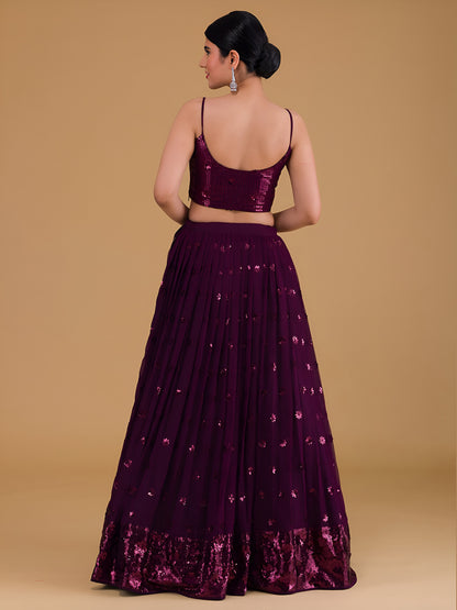 WOMEN WINE SEQUIN SLEEVELESS READYMADE LEHENGA