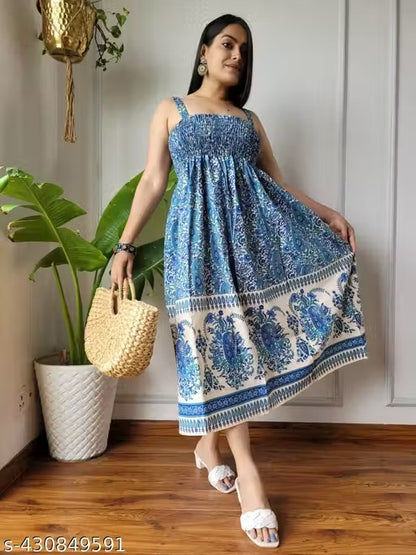 SLEEVE LESS MAXI BLUE COLOUR RAYON PRINTED DRESS
