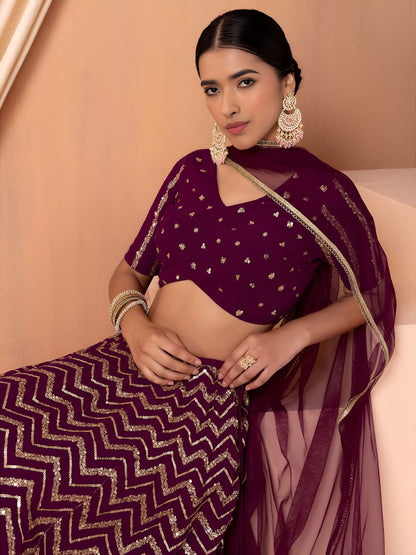 EMBROIDERED LEHENGA CHOLI SEGUNINNED DUPATA A MAROON COLOUR