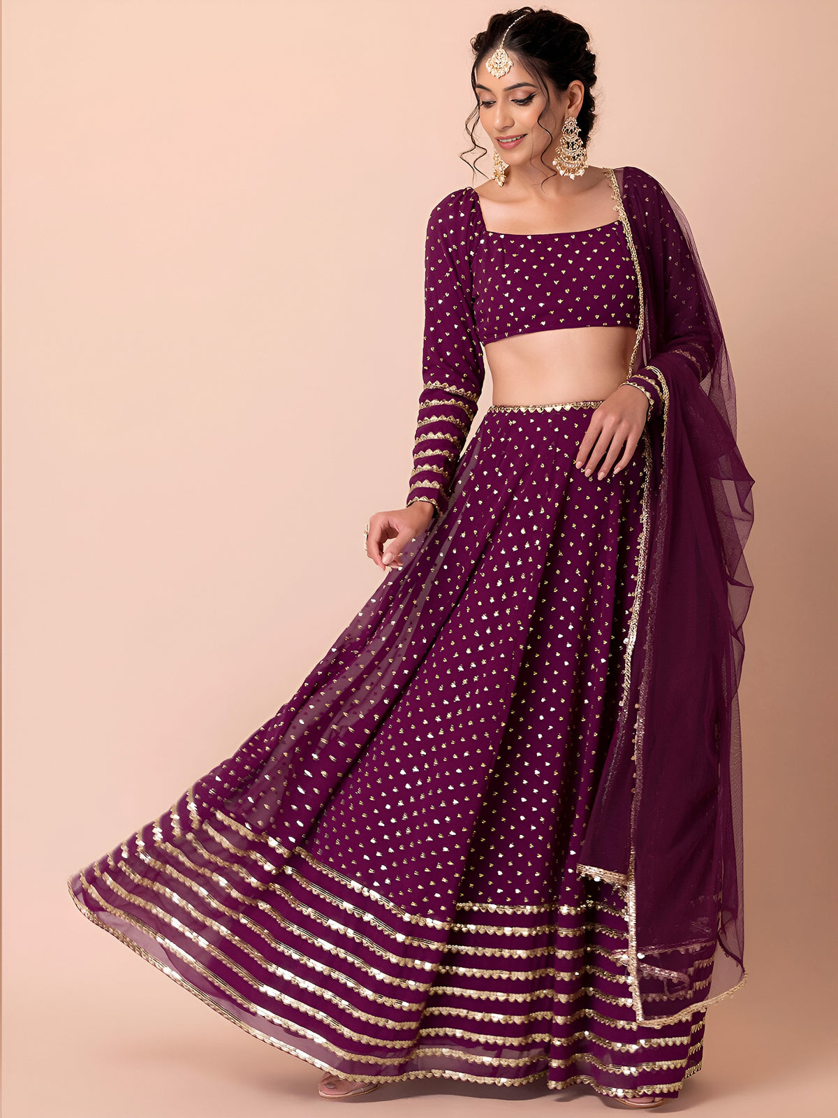 WOMEN WINE SEQUIN FULL SLEEVE READYMADE LEHENGA