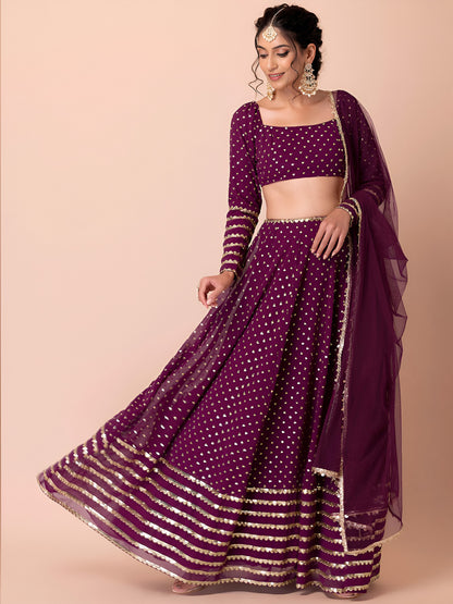 WOMEN WINE SEQUIN FULL SLEEVE READYMADE LEHENGA