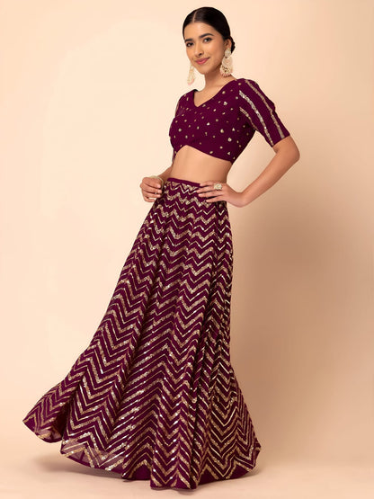 EMBROIDERED LEHENGA CHOLI SEGUNINNED DUPATA A MAROON COLOUR