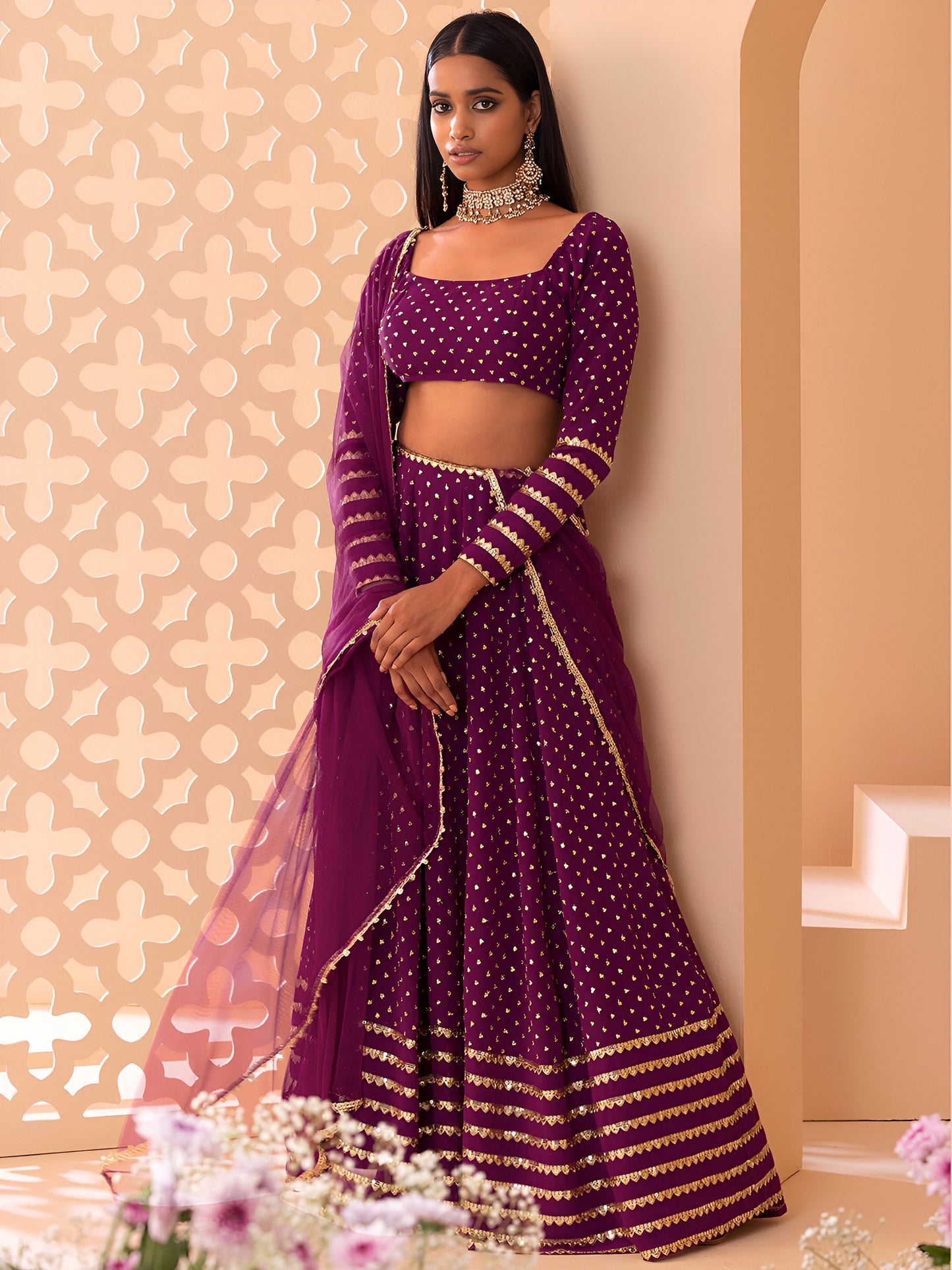 WOMEN WINE SEQUIN FULL SLEEVE READYMADE LEHENGA