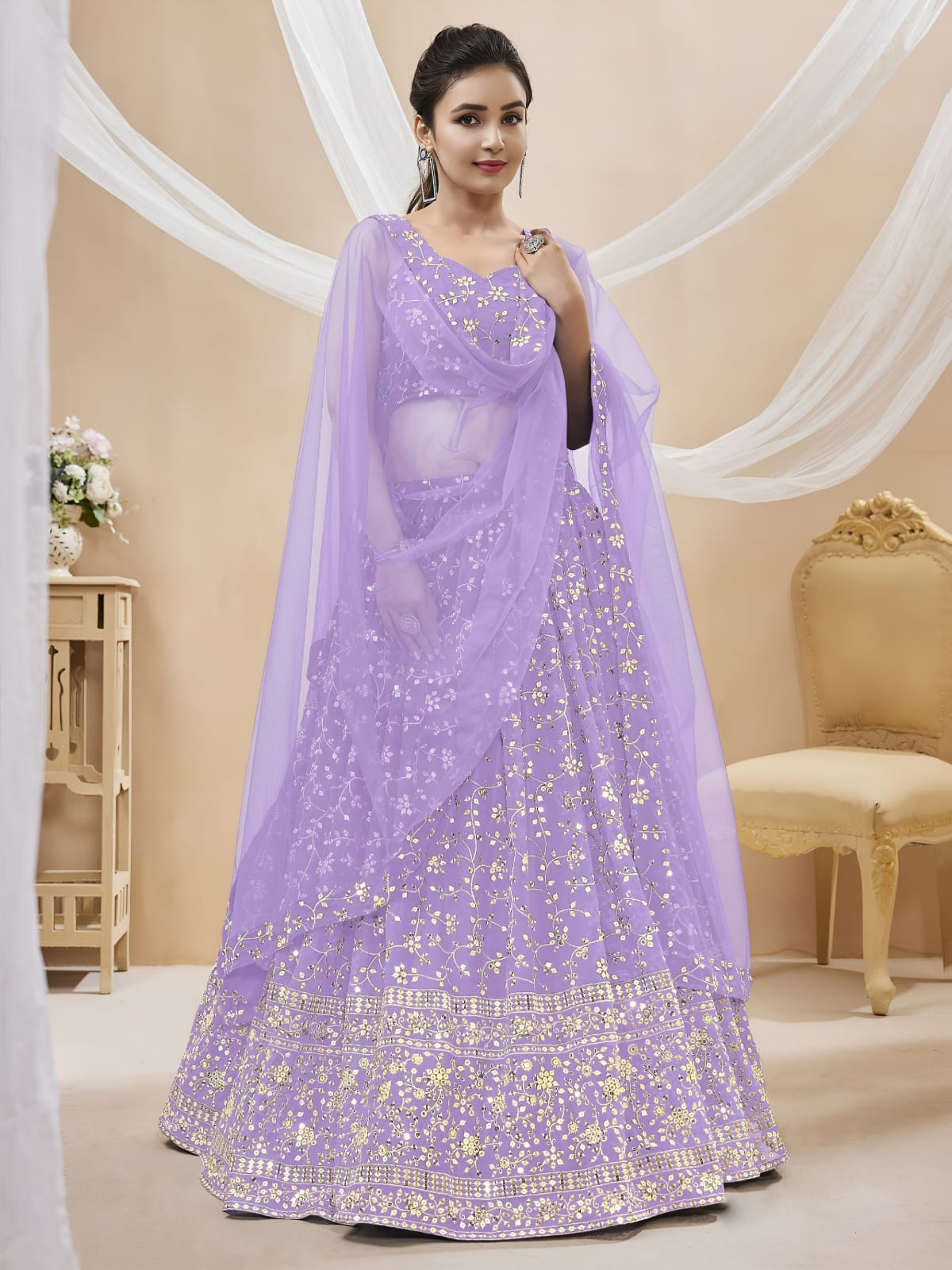 WOMEN LEHENGA NET FABRIC LEHENGA SET OF CHOLI AND DUPATTA FULLY EMBROIDERED WORK WESTERN WEAR PURPLE COLOUR