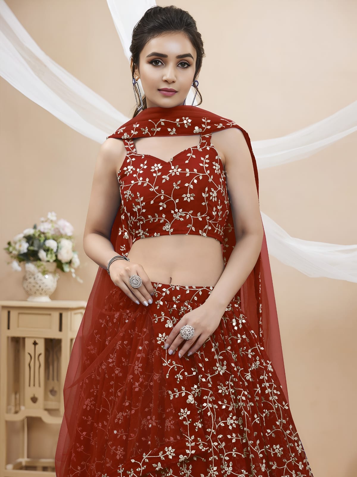 WOMEN LEHENGA NET FABRIC LEHENGA SET OF CHOLI AND DUPATTA FULLY EMBROIDERED WORK WESTERN WEAR RED COLOUR