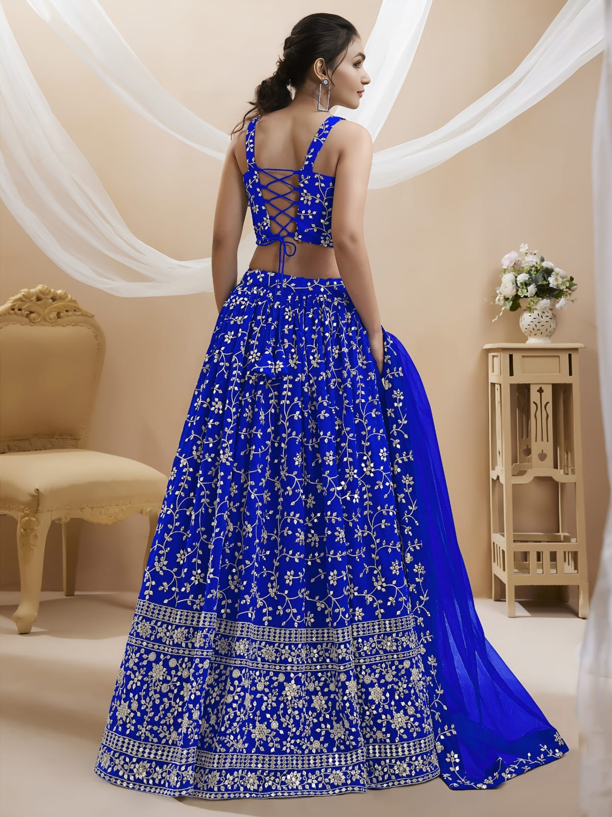 WOMEN WEDDING LEHENGA NET FABRIC LEHENGA SET OF CHOLI AND DUPATTAFULLY EMBROIDERED WORKWESTERN WEAR BLUE COLOUR
