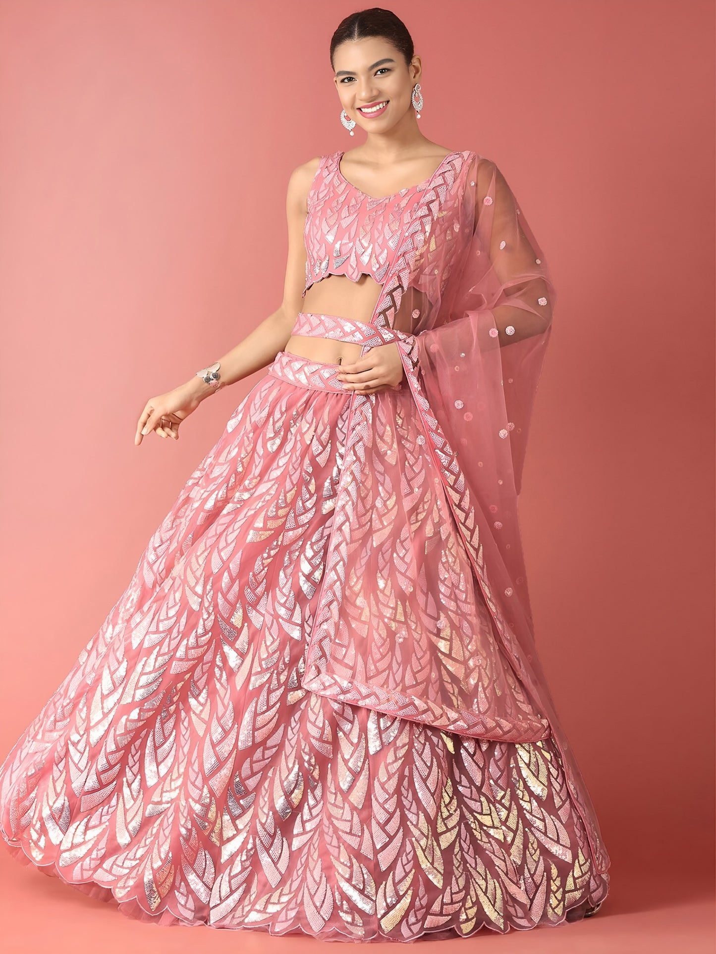 NET FABRIC HEAVY SEQUINNED WORK LEHENGA  CHOLI AND DUPATTA PINK COLOUR