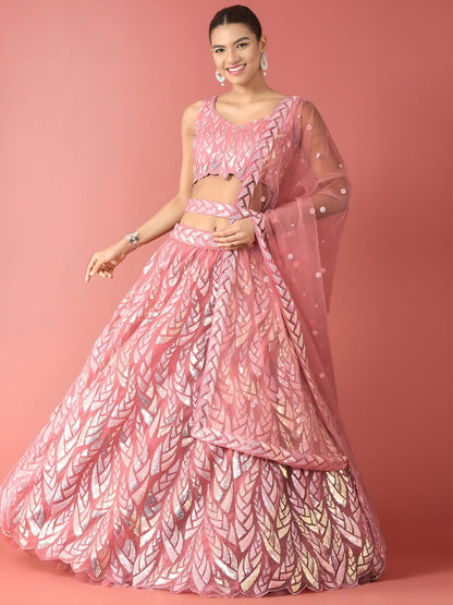 NET FABRIC HEAVY SEQUINNED WORK LEHENGA  CHOLI AND DUPATTA PINK COLOUR