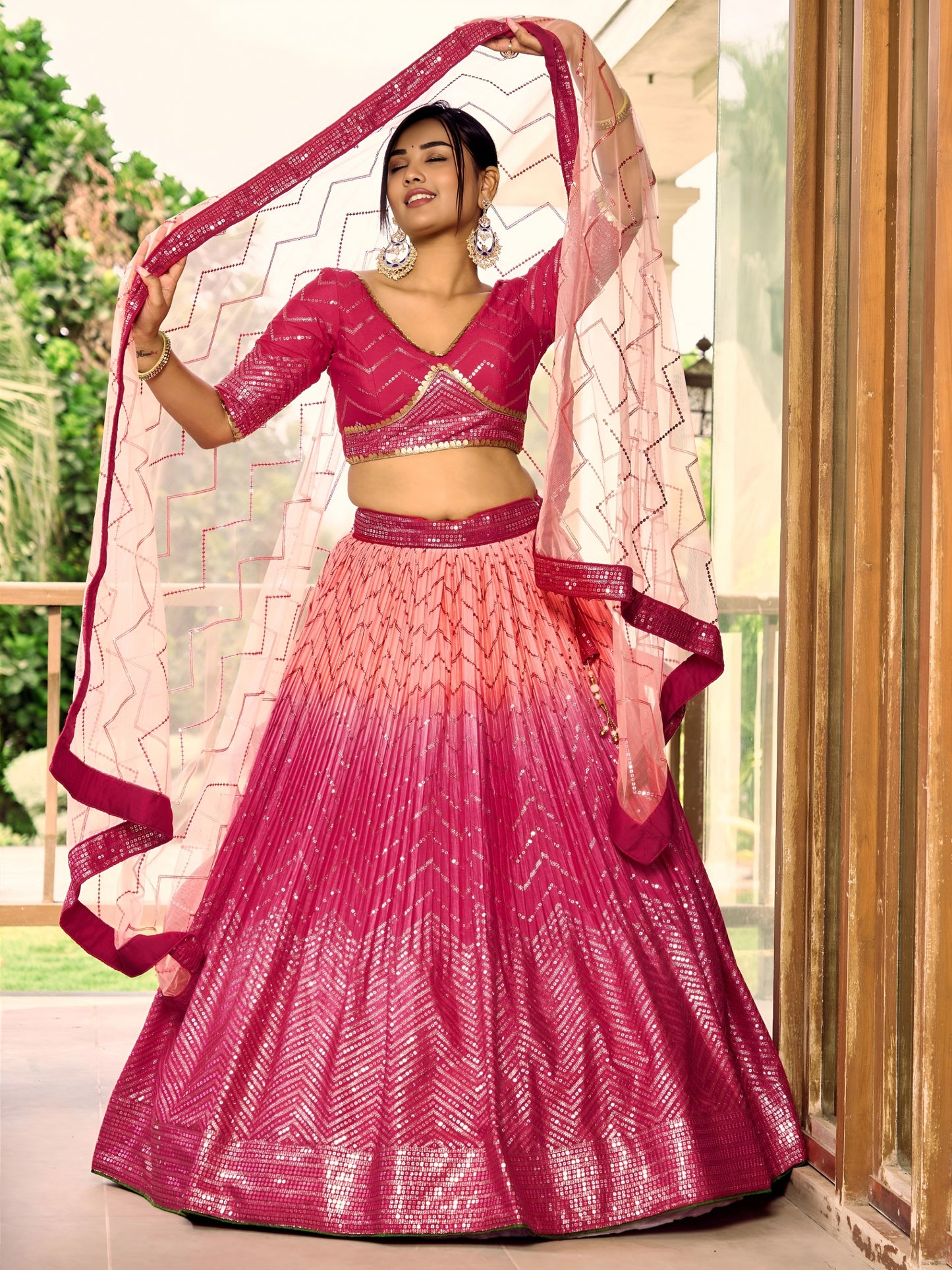 PINK COLOUR CHOLI AND DUPATTA FLARED AND SEQUINNED WORK V-NECK SHORT SLEEVE