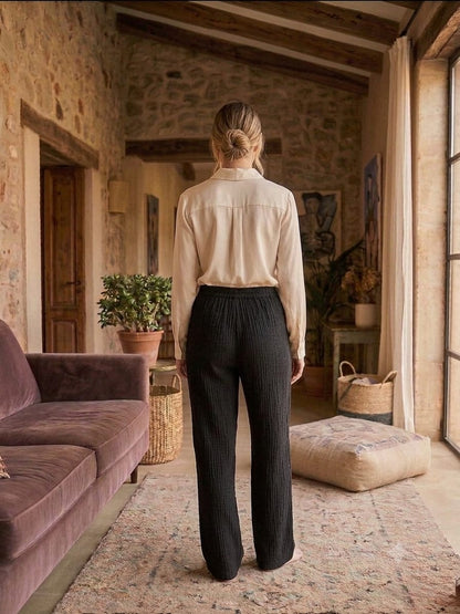 TEXTURED WIDE -LEG PALAZZO PANT BLACK COLOUR