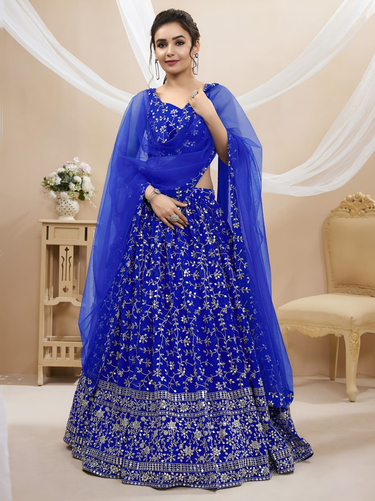 WOMEN WEDDING LEHENGA NET FABRIC LEHENGA SET OF CHOLI AND DUPATTAFULLY EMBROIDERED WORKWESTERN WEAR BLUE COLOUR