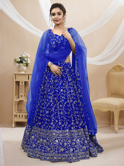WOMEN WEDDING LEHENGA NET FABRIC LEHENGA SET OF CHOLI AND DUPATTAFULLY EMBROIDERED WORKWESTERN WEAR BLUE COLOUR