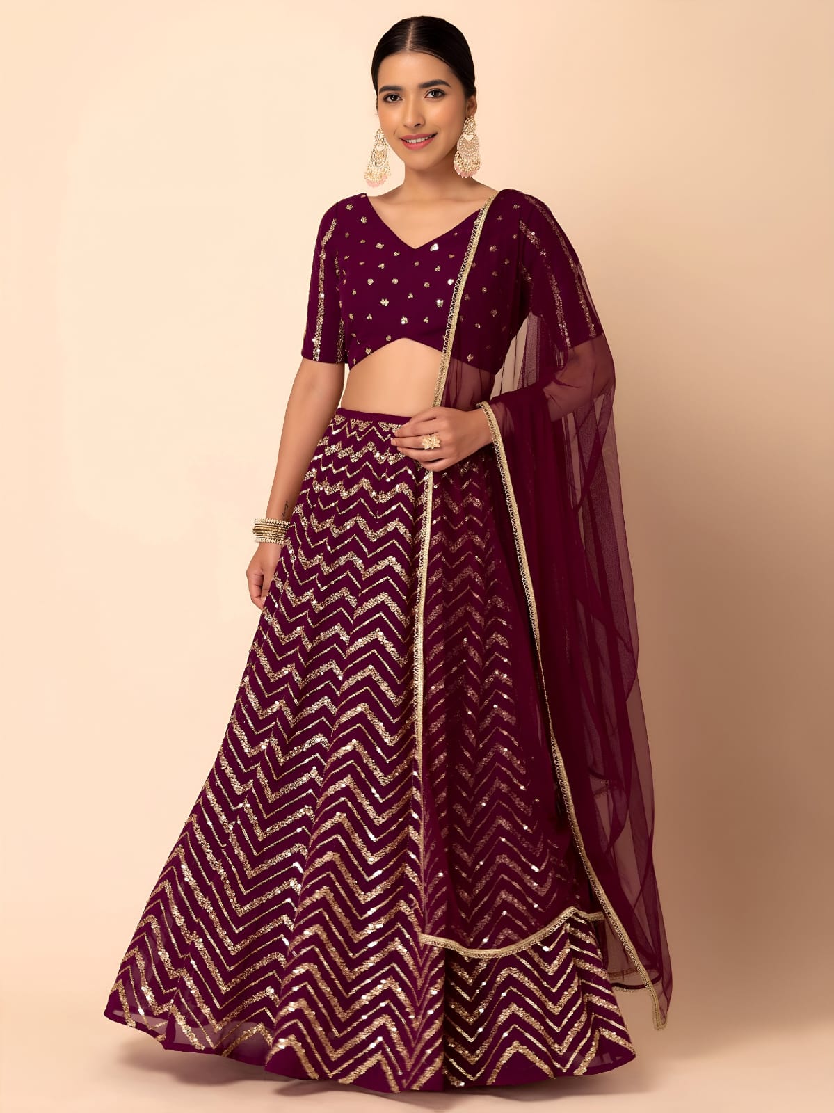 EMBROIDERED LEHENGA CHOLI SEGUNINNED DUPATA A MAROON COLOUR
