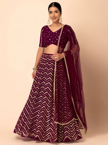 EMBROIDERED LEHENGA CHOLI SEGUNINNED DUPATA A MAROON COLOUR