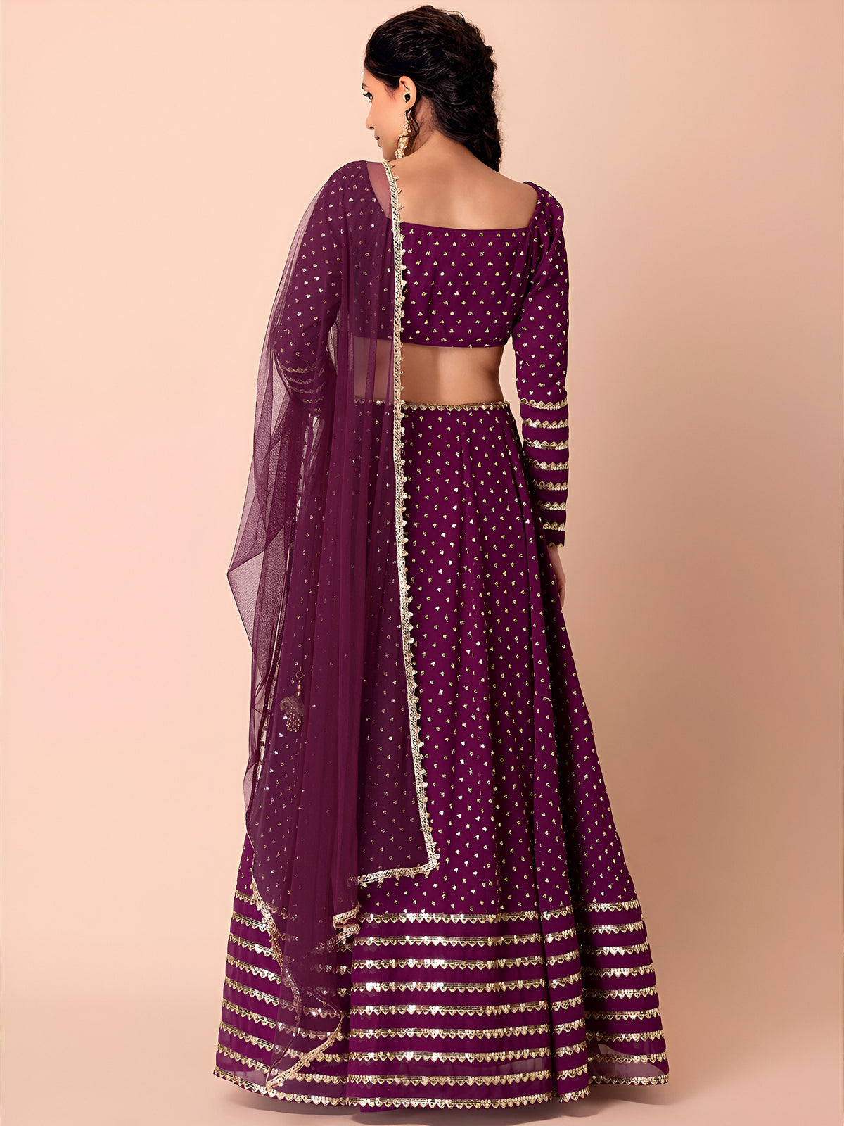 WOMEN WINE SEQUIN FULL SLEEVE READYMADE LEHENGA