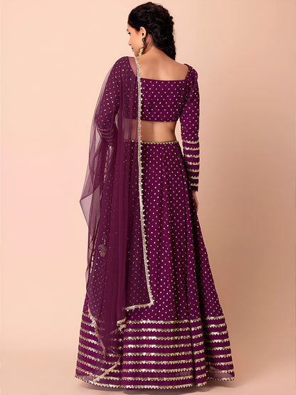 WOMEN WINE SEQUIN FULL SLEEVE READYMADE LEHENGA