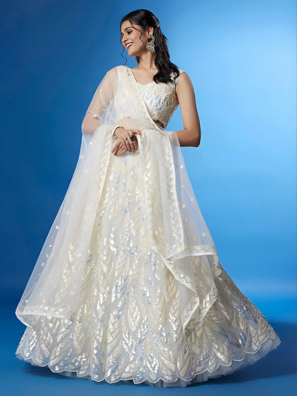 NET FABRIC HEAVY SEQUINNED WORK LEHENGA  CHOLI AND DUPATTA WHITE COLOUR