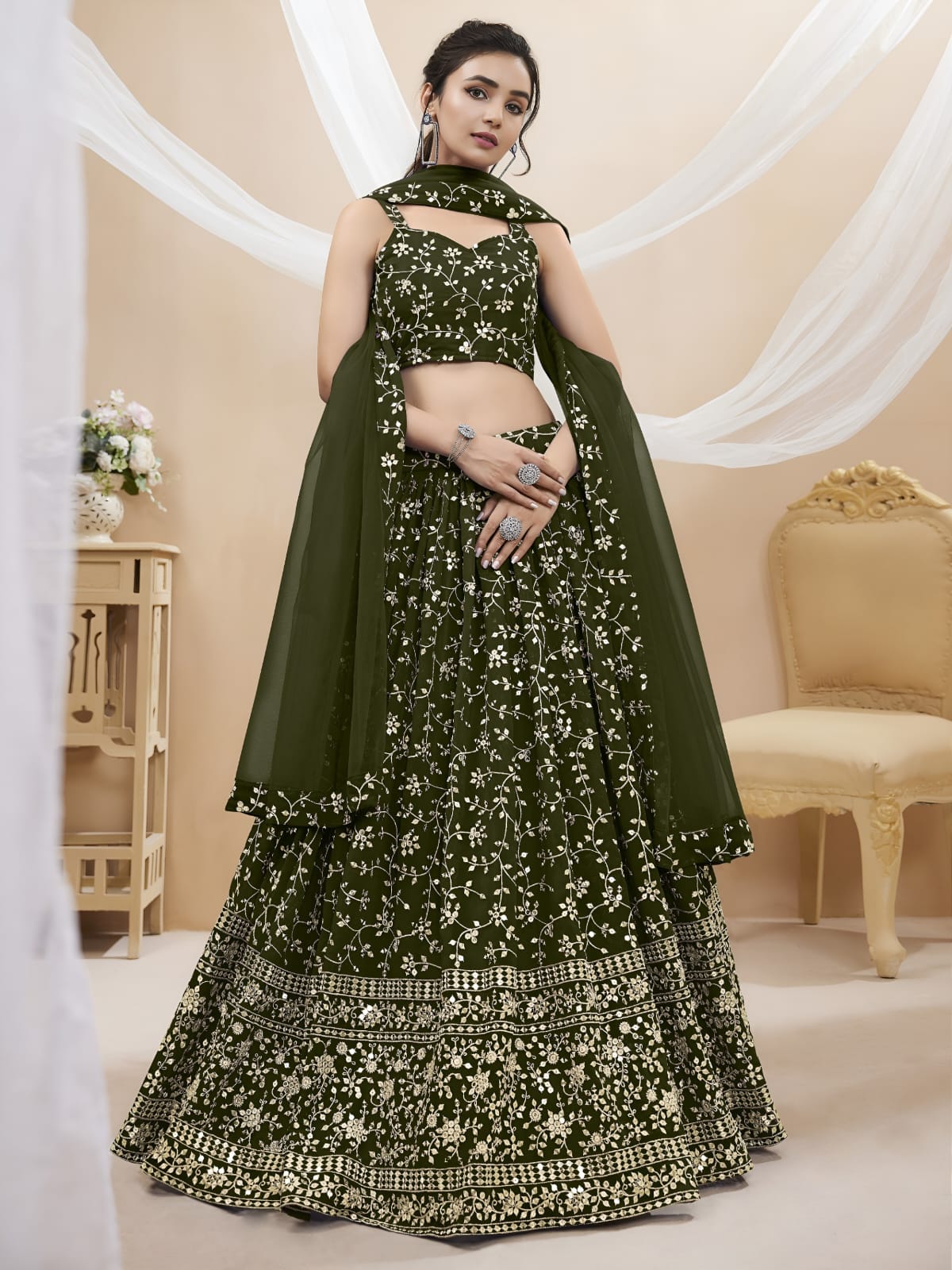 WOMEN LEHENGA NET FABRIC LEHENGA SET OF CHOLI AND DUPATTA FULLY EMBROIDERED WORK WESTERN WEAR GREEN COLOUR
