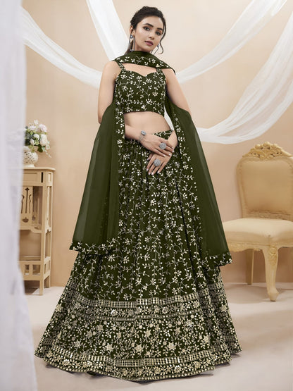 WOMEN LEHENGA NET FABRIC LEHENGA SET OF CHOLI AND DUPATTA FULLY EMBROIDERED WORK WESTERN WEAR GREEN COLOUR