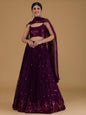 WOMEN WINE SEQUIN SLEEVELESS READYMADE LEHENGA