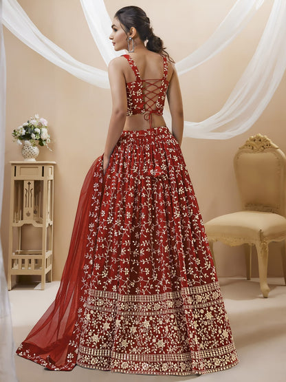 WOMEN LEHENGA NET FABRIC LEHENGA SET OF CHOLI AND DUPATTA FULLY EMBROIDERED WORK WESTERN WEAR RED COLOUR