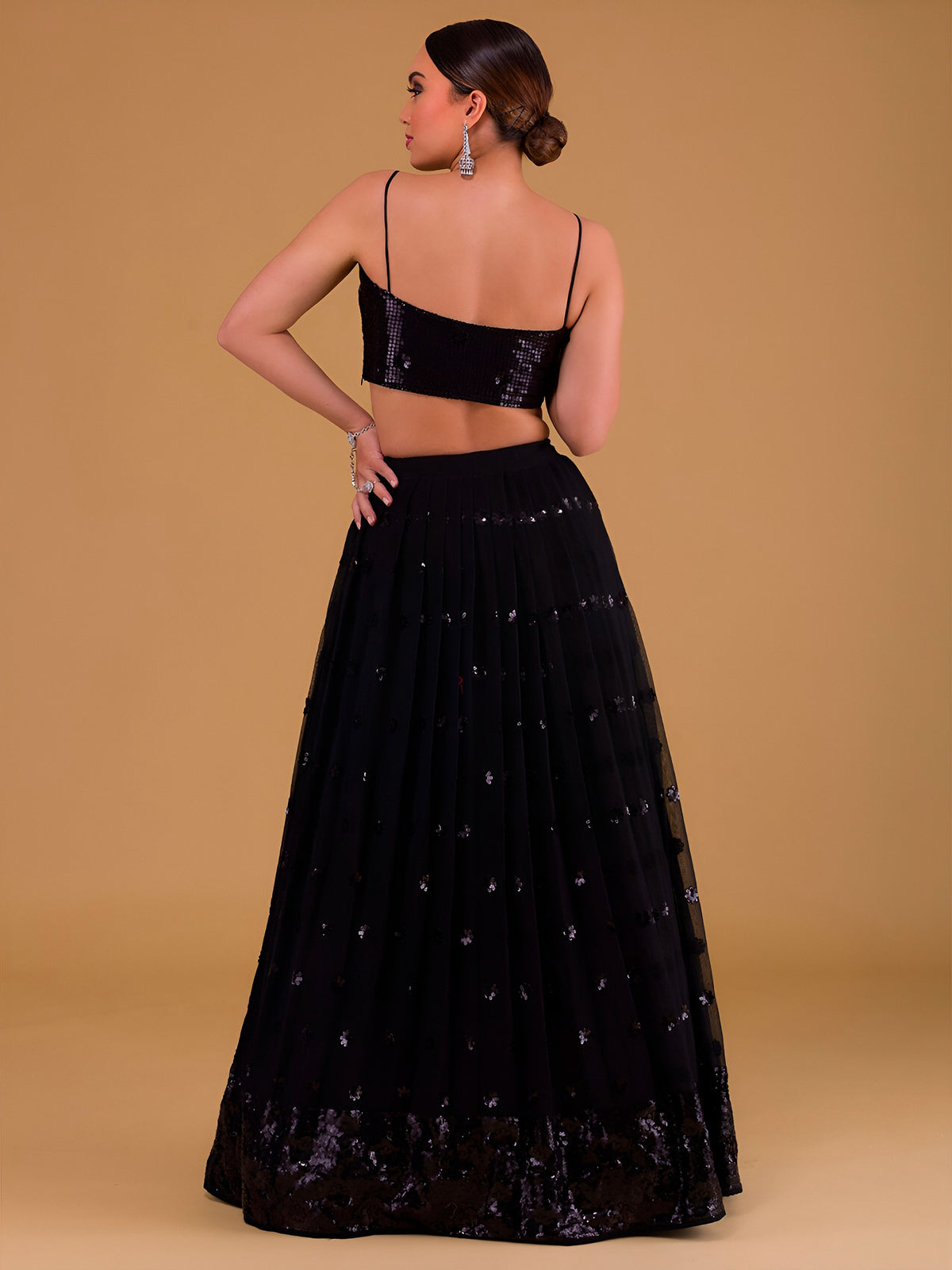 NET FABRIC HEAVY SEQUINNED WORK LEHENGA  CHOLI AND DUPATTA BLACK COLOUR
