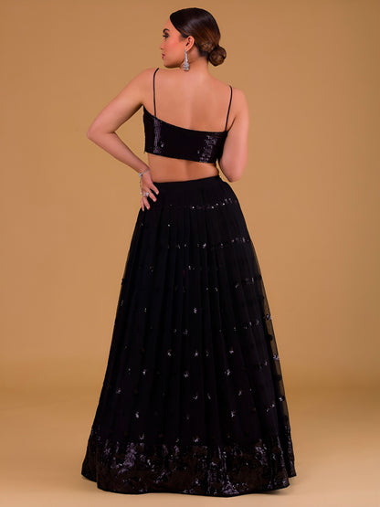 NET FABRIC HEAVY SEQUINNED WORK LEHENGA  CHOLI AND DUPATTA BLACK COLOUR
