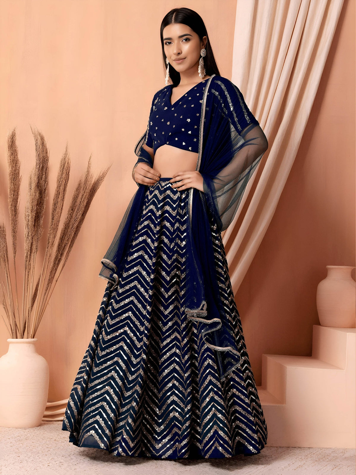 EMBROIDERED LEHENGA CHOLI SEGUNINNED DUPATA A BLACK COLOUR