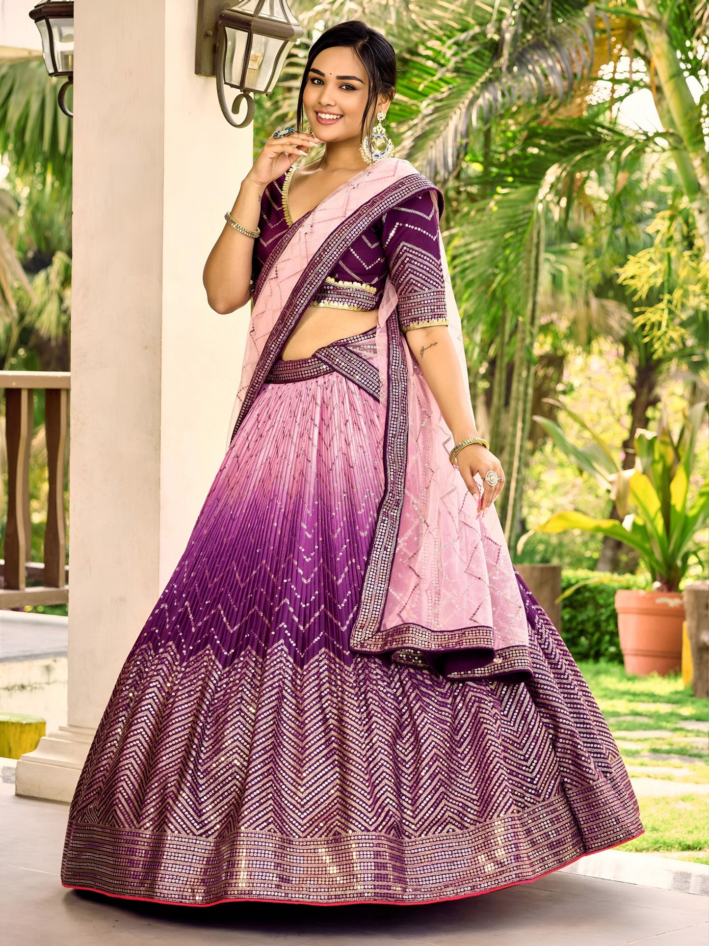 PURPLE COLOUR CHOLI AND DUPATTA FLARED AND SEQUINNED WORK V-NECK SHORT SLEEVE