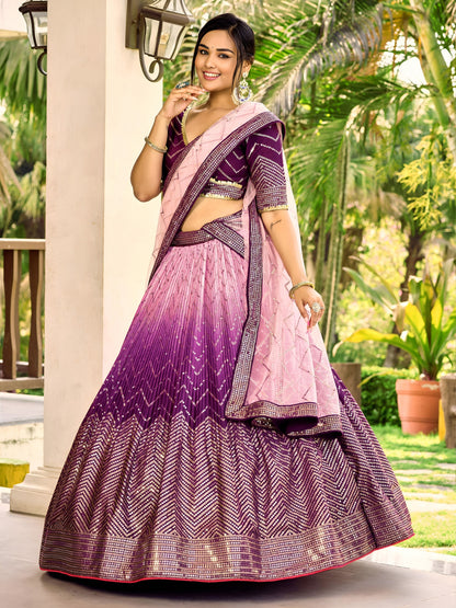 PURPLE COLOUR CHOLI AND DUPATTA FLARED AND SEQUINNED WORK V-NECK SHORT SLEEVE