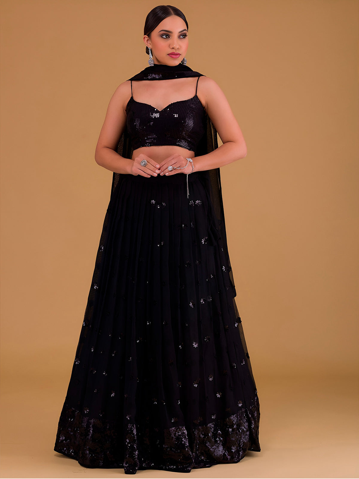 NET FABRIC HEAVY SEQUINNED WORK LEHENGA  CHOLI AND DUPATTA BLACK COLOUR