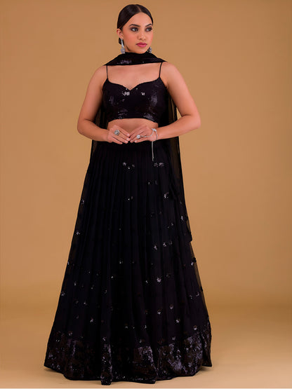 NET FABRIC HEAVY SEQUINNED WORK LEHENGA  CHOLI AND DUPATTA BLACK COLOUR
