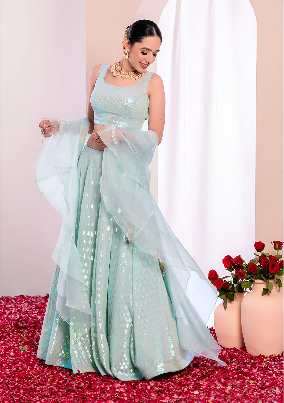 WOMEN BLUE SEQUIN SLEEVELESS READYMADE LEHENGA