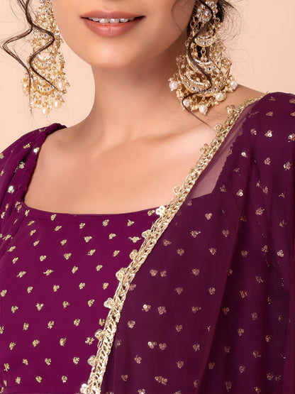 WOMEN WINE SEQUIN FULL SLEEVE READYMADE LEHENGA