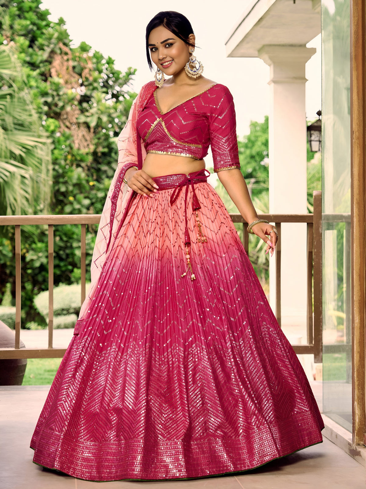 PINK COLOUR CHOLI AND DUPATTA FLARED AND SEQUINNED WORK V-NECK SHORT SLEEVE